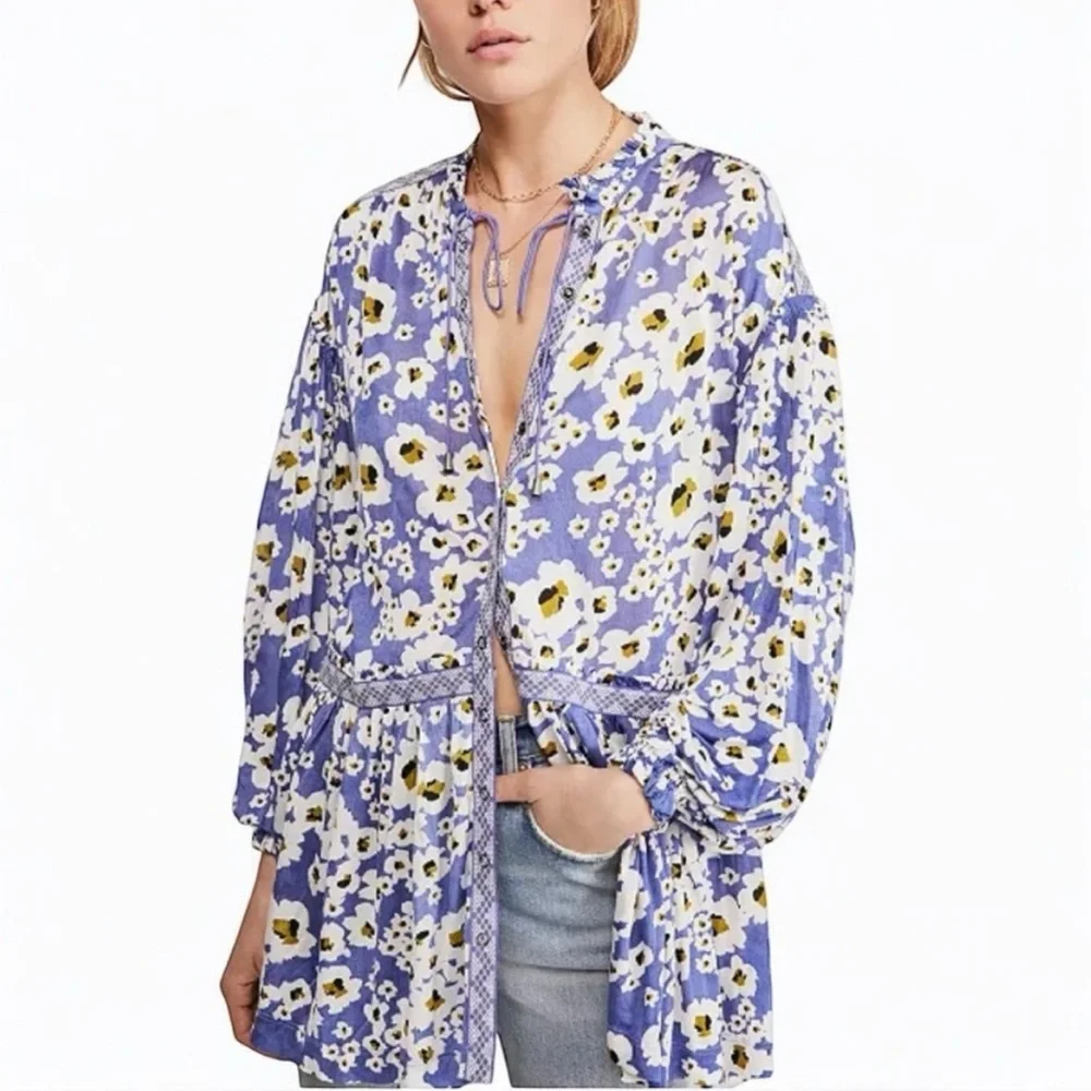 Free People Lavender Floral Long-Sleeve Tunic